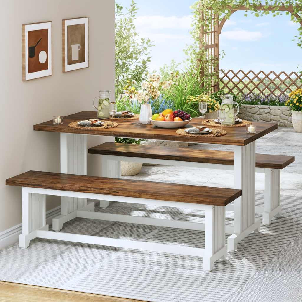 47-inch white farmhouse dining table with two benches and brown wood top, set for four in a garden view dining area.