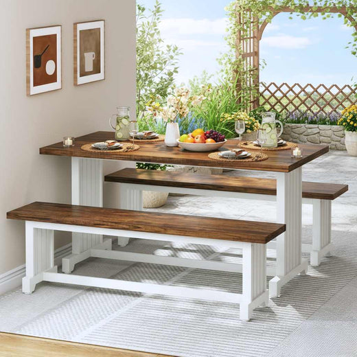 White & Brown 47-Inch Dining Table with Two Benches