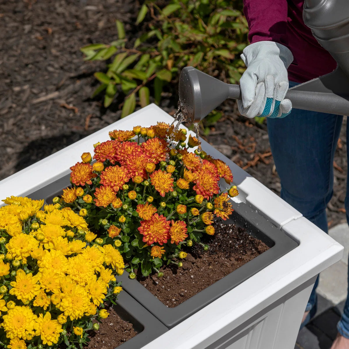 white rectangular raised garden bed planter box with removable trays.