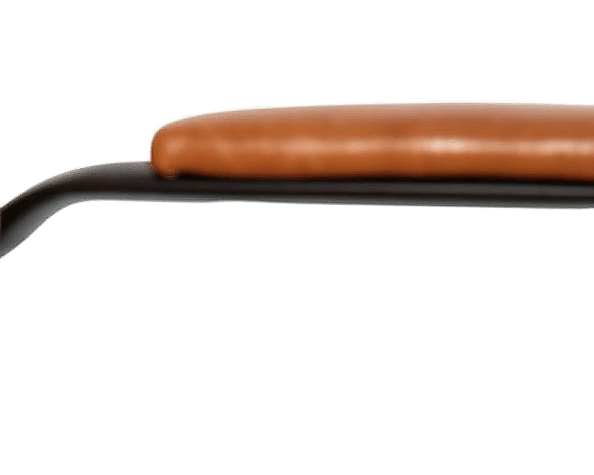 Close-up of the padded leathersoft armrest on a black metal arm post