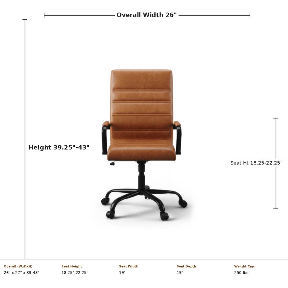 Dimensions of the high back leather desk chair: 26 in. wide, 27 in. deep, 39.25 to 43 in. high (dimensions)