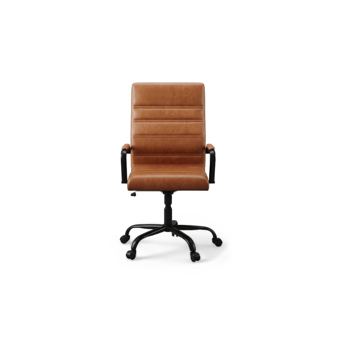 High back leather desk chair in brown LeatherSoft with black metal arms and five-star base, front three-quarter view