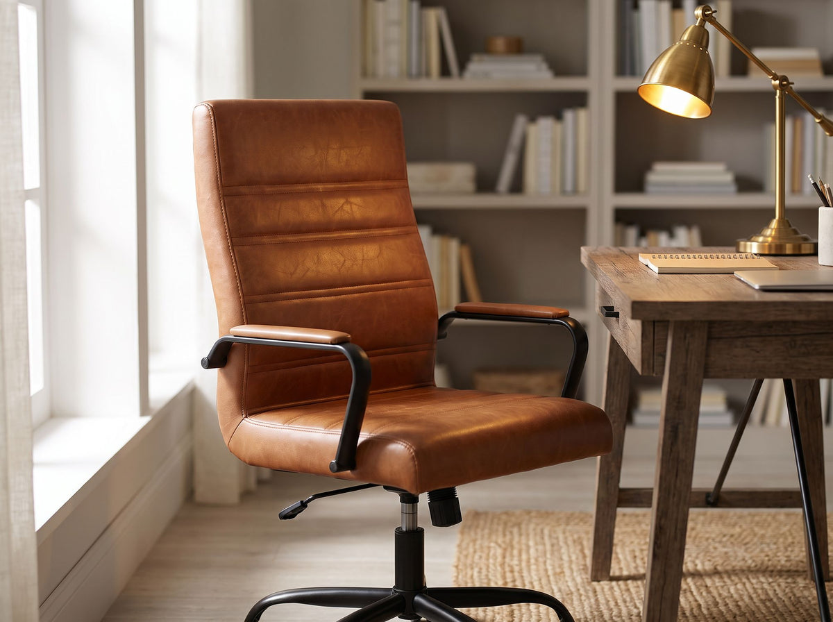 Closer view of the brown leather desk chair beside a snake plant and jute rug in a home office