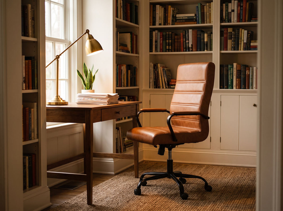 Brown leather desk chair at a desk in a sunlit library-nook home office with books and a brass lamp