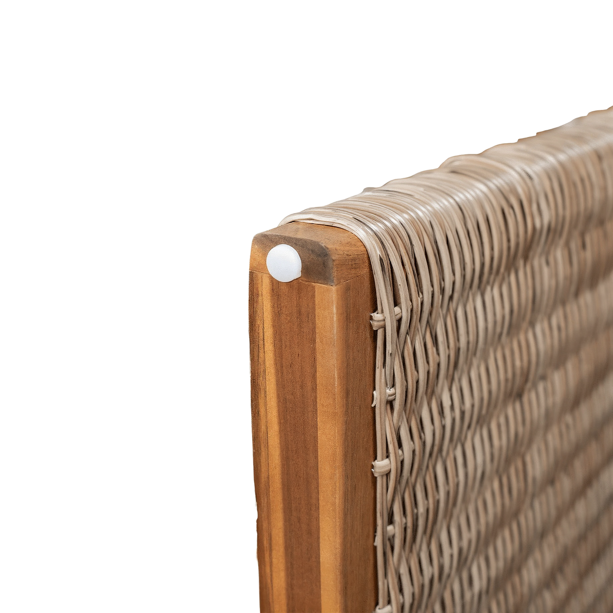Close-up of a handwoven rattan leg wrapped around its acacia edge post (close-up detail)