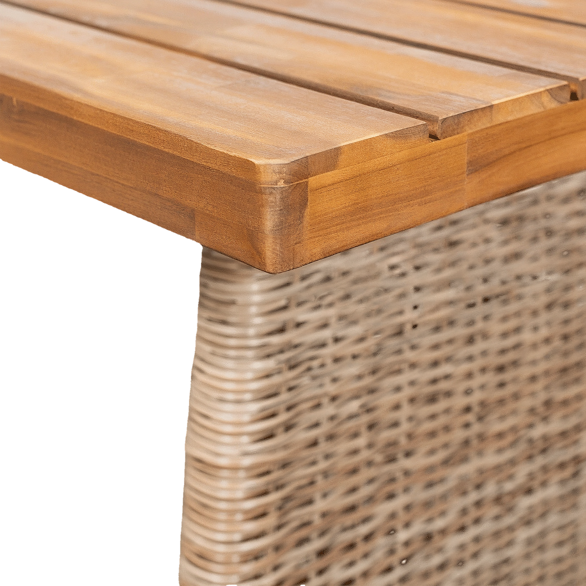 Close-up of the slatted acacia top corner resting on the woven leg (close-up detail)