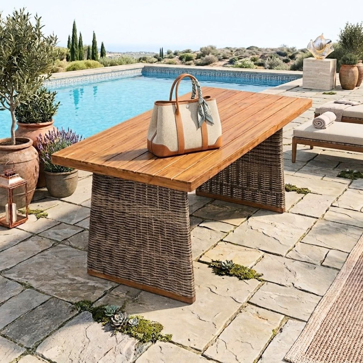 The table beside a pool on flagstones, a straw bag on top and loungers behind
