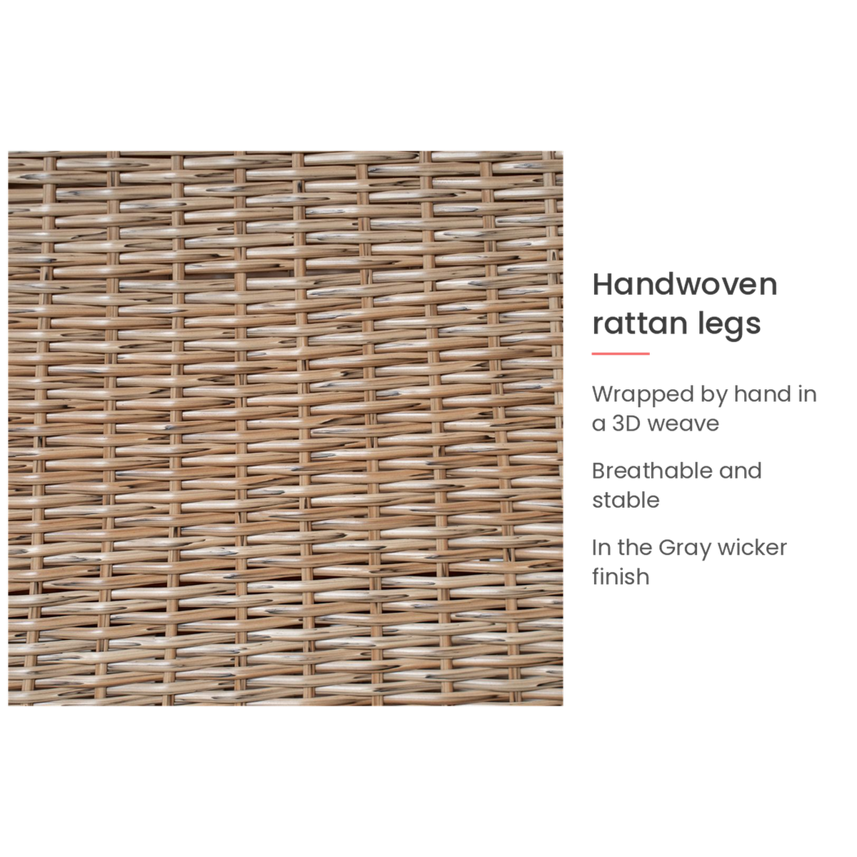 Spec card on the handwoven rattan legs (feature callout)