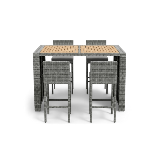 Outdoor bar set with 4 stools on a #f3f3f3 studio background