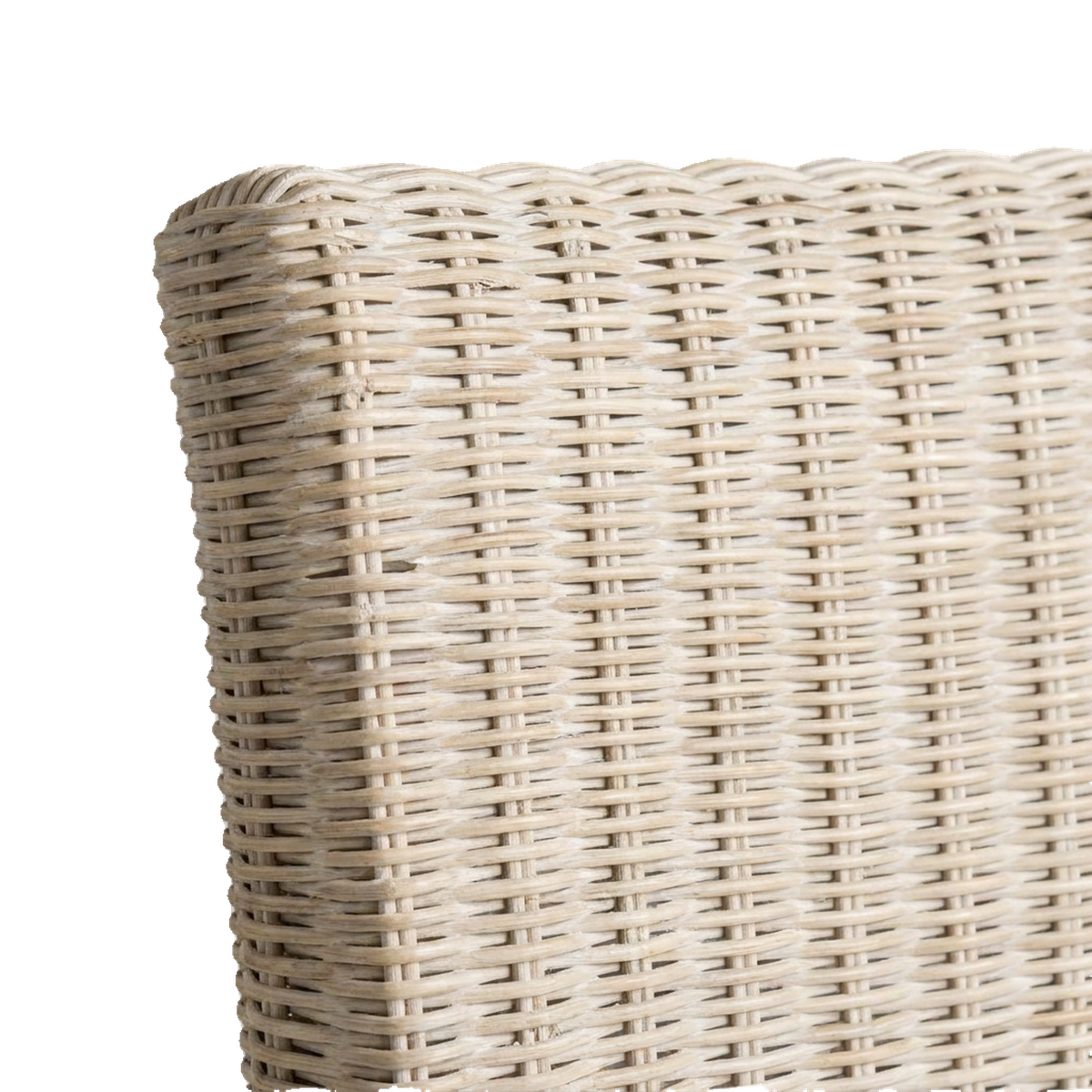 Rolled top corner of the hand-woven rattan back (close-up detail)