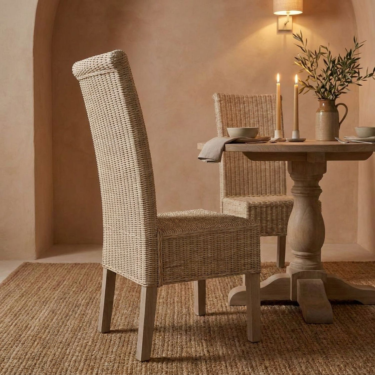 Woven chair beside a pedestal table and olive branches in a warm plaster dining alcove, side view
