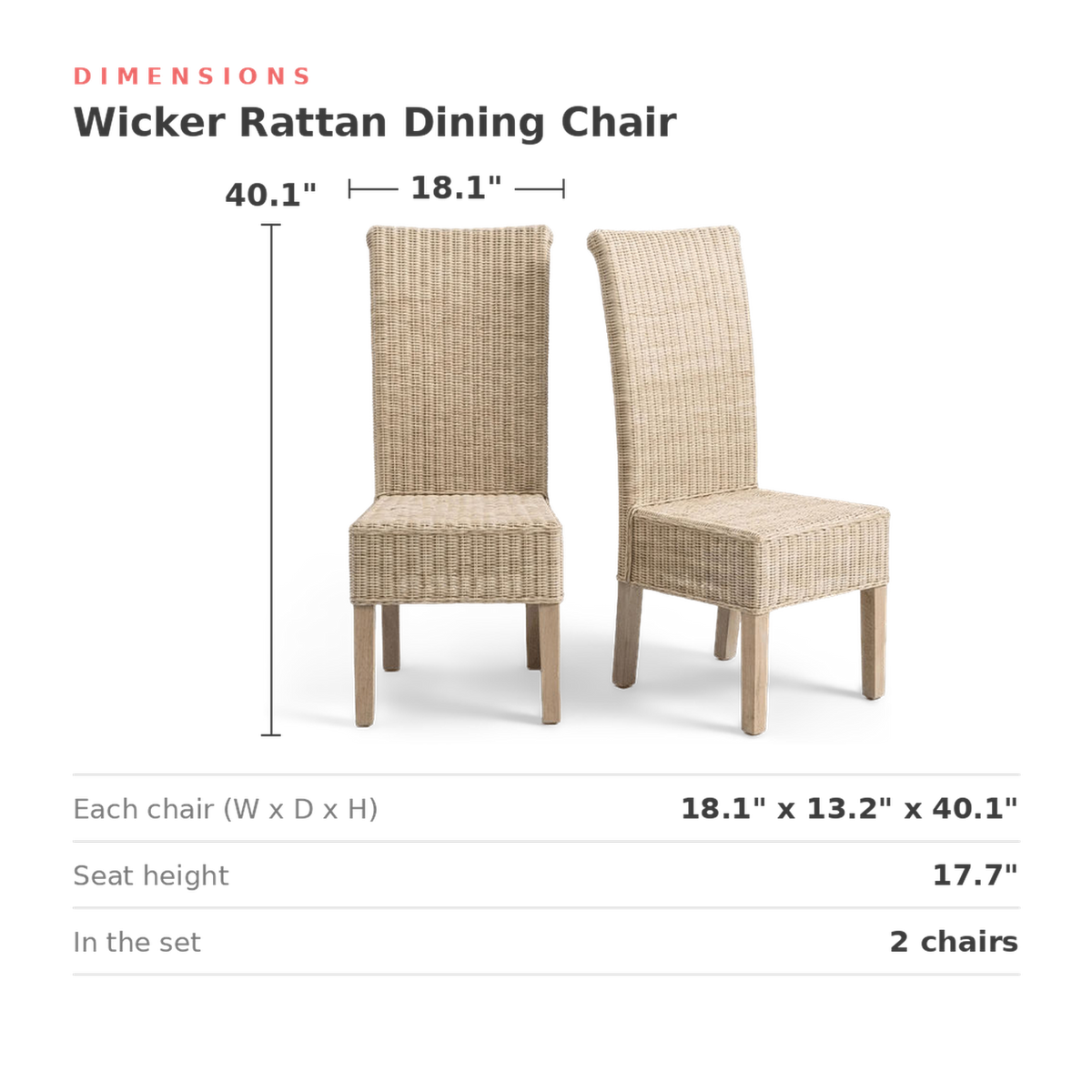 Dimensions of each chair: 18.1 in. wide, 13.2 in. deep, 40.1 in. high, seat 17.7 in. (dimensions)