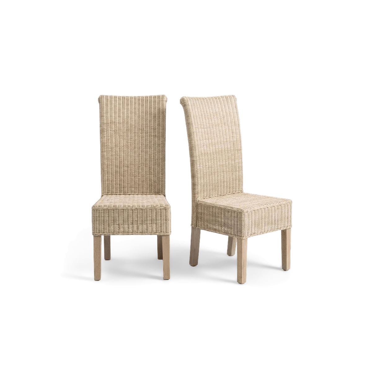 Wicker rattan dining chairs, set of 2 in white washed rattan, front view (plain studio)