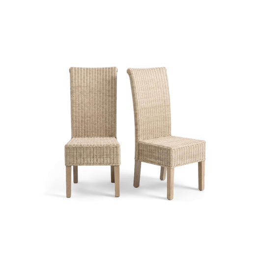 Wicker rattan dining chairs, set of 2 in white washed rattan, front view (plain studio)
