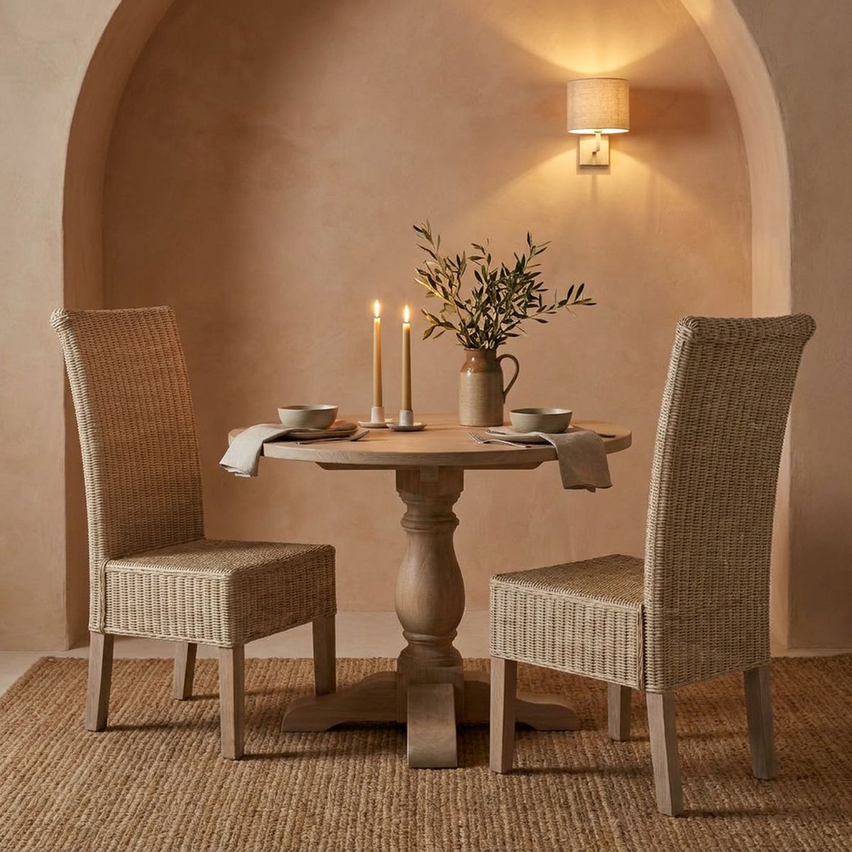 Pair of woven chairs at a round oak table in a candlelit lime-washed dining alcove