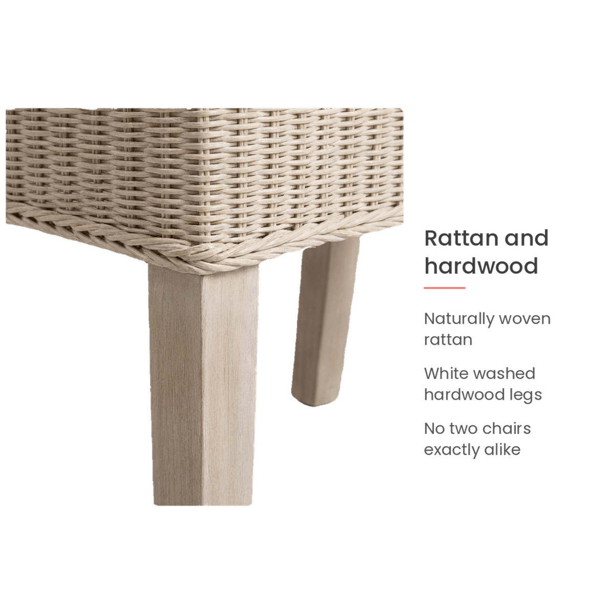 Rattan and hardwood: naturally woven rattan, white washed hardwood legs (feature callout)