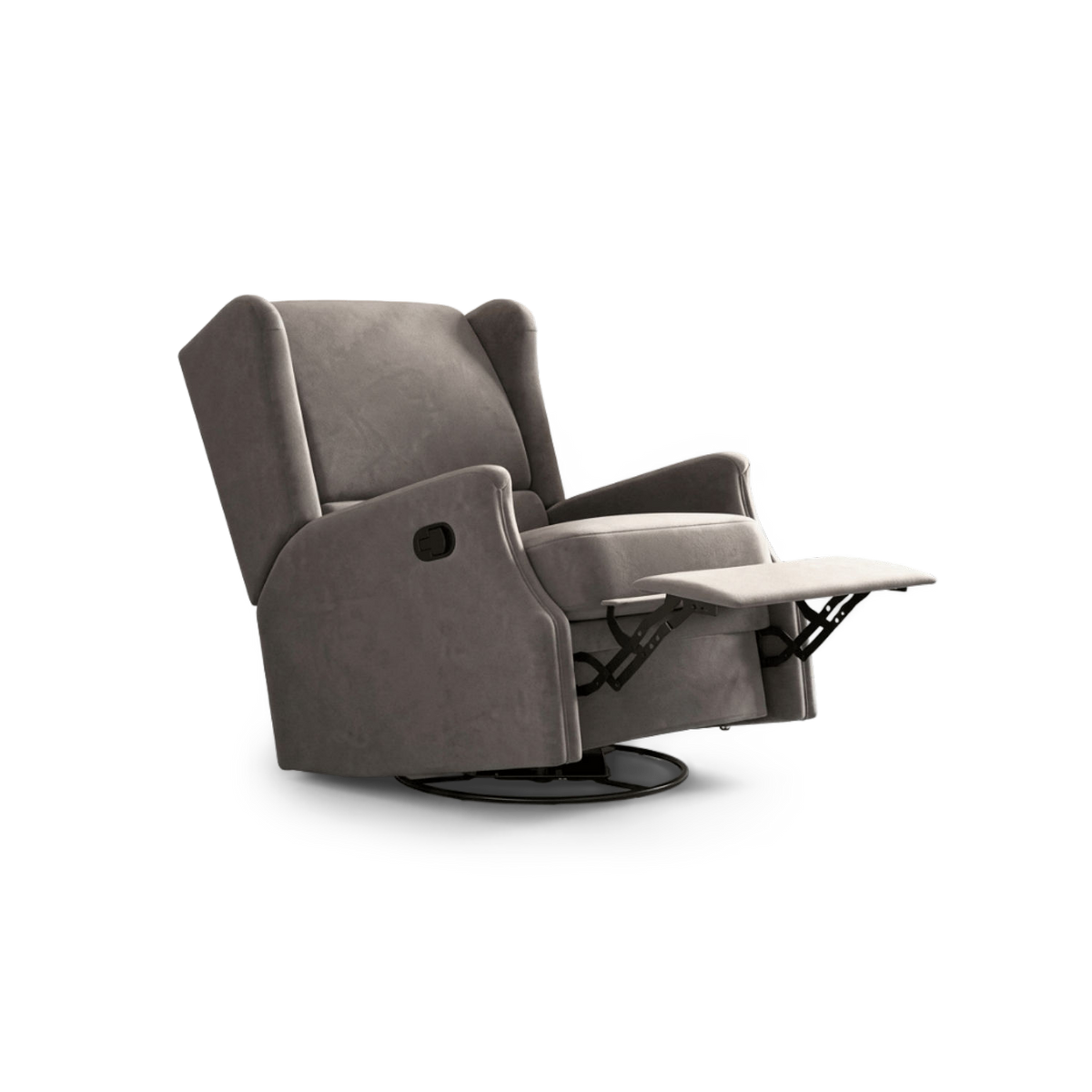 Dark gray wingback recliner glider with a swivel base, three-quarter view (plain studio)