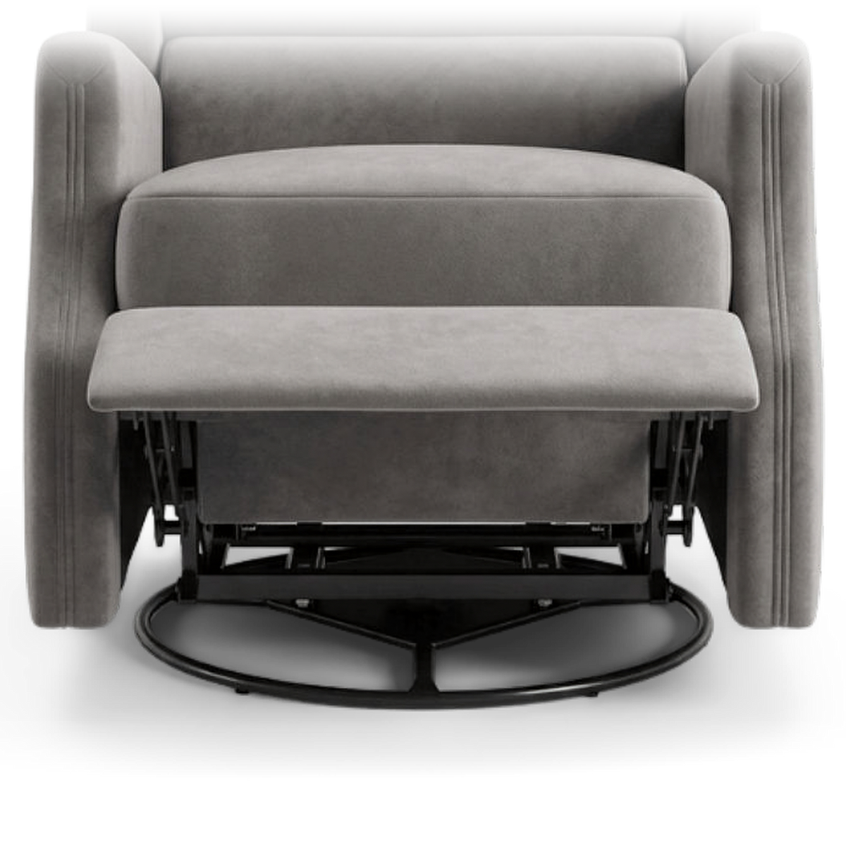 Raised footrest, steel recliner mechanism and round swivel base (close-up detail)