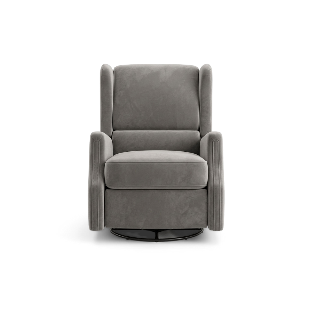 Dark gray wingback recliner chair with a swivel glider base, front view (plain studio)