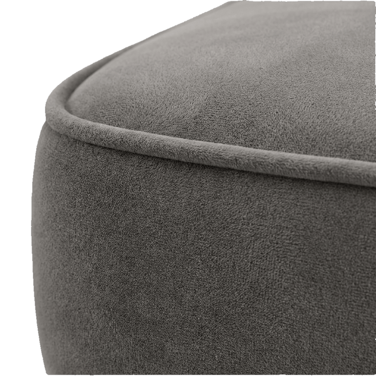 Piped cushion edge and soft suede-look fabric weave in dark gray (close-up detail)