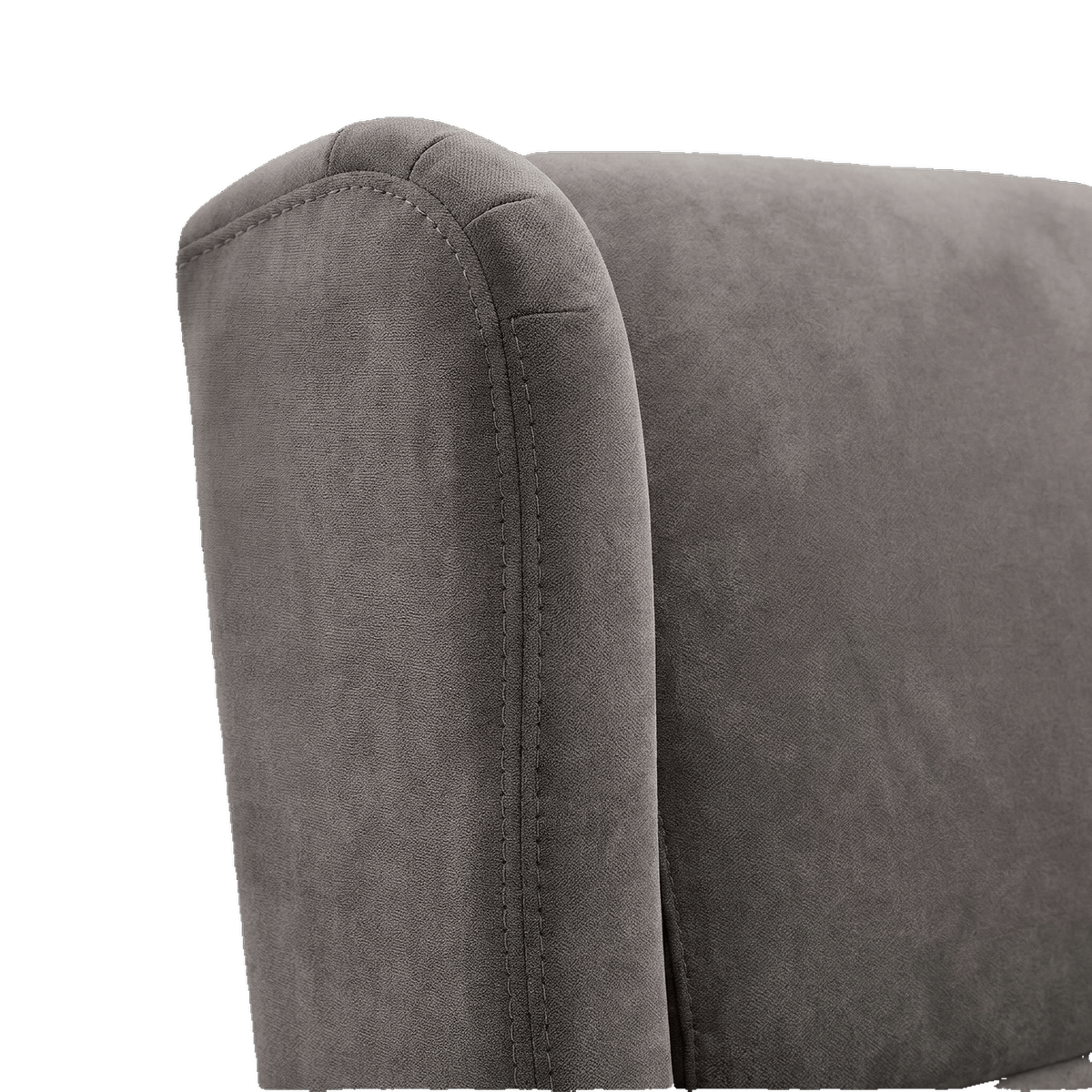 Stitched wing arm and padded back of the dark gray upholstered chair (close-up detail)