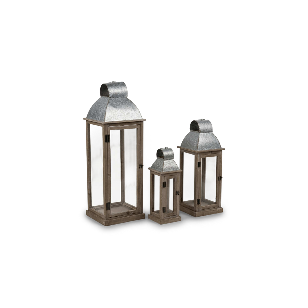 Wooden lanterns for candles in grained fir and clear glass, set of three, angled view on a #f3f3f3 ground (plain studio)