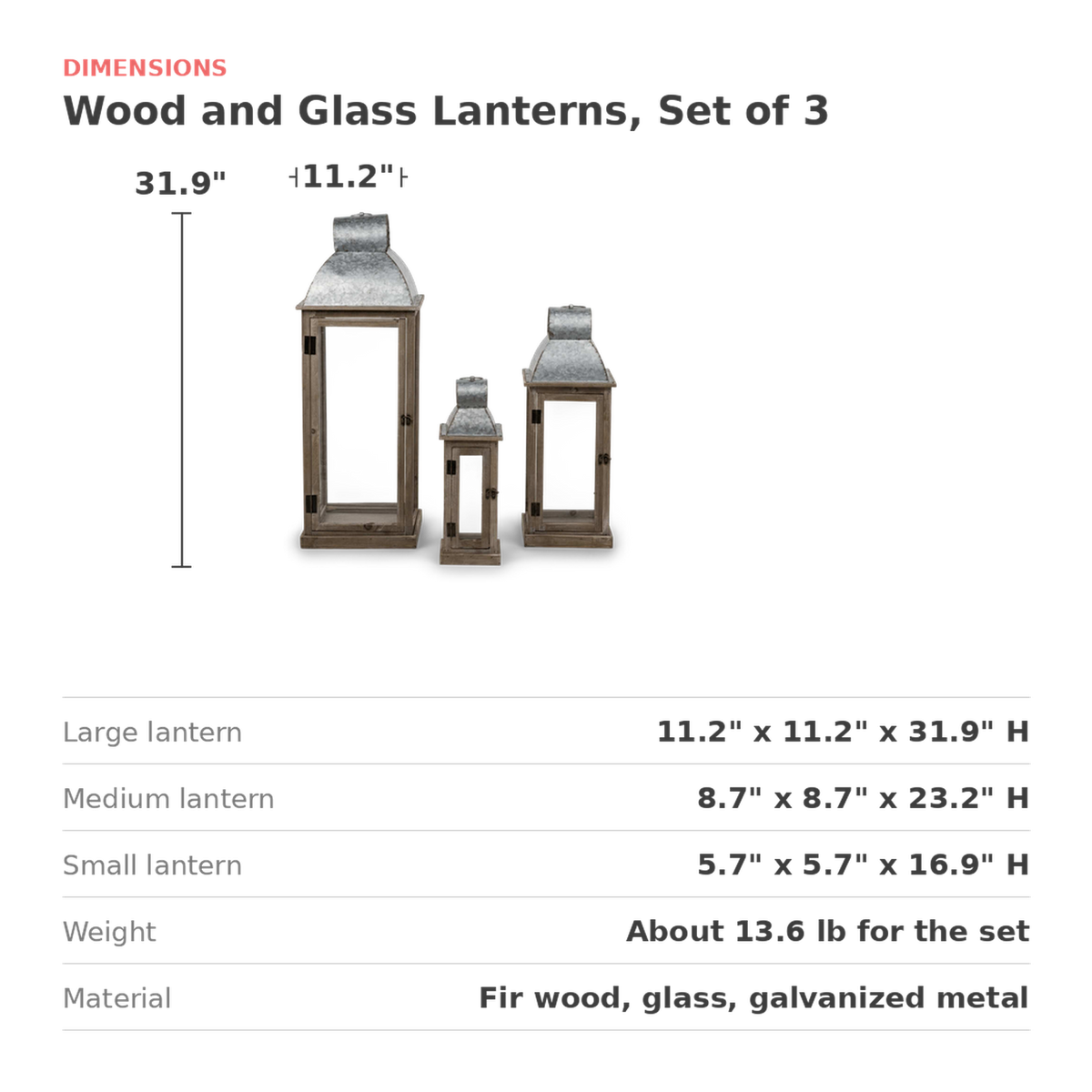 Dimensions of the set of three: large 11.2 x 11.2 x 31.9 in., medium 8.7 x 8.7 x 23.2 in., small 5.7 x 5.7 x 16.9 in. (dimensions)