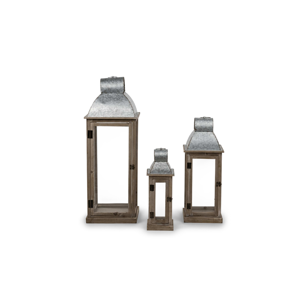 Galvanized lantern tops on three graduated fir lanterns, straight front view on a #f3f3f3 ground (plain studio)