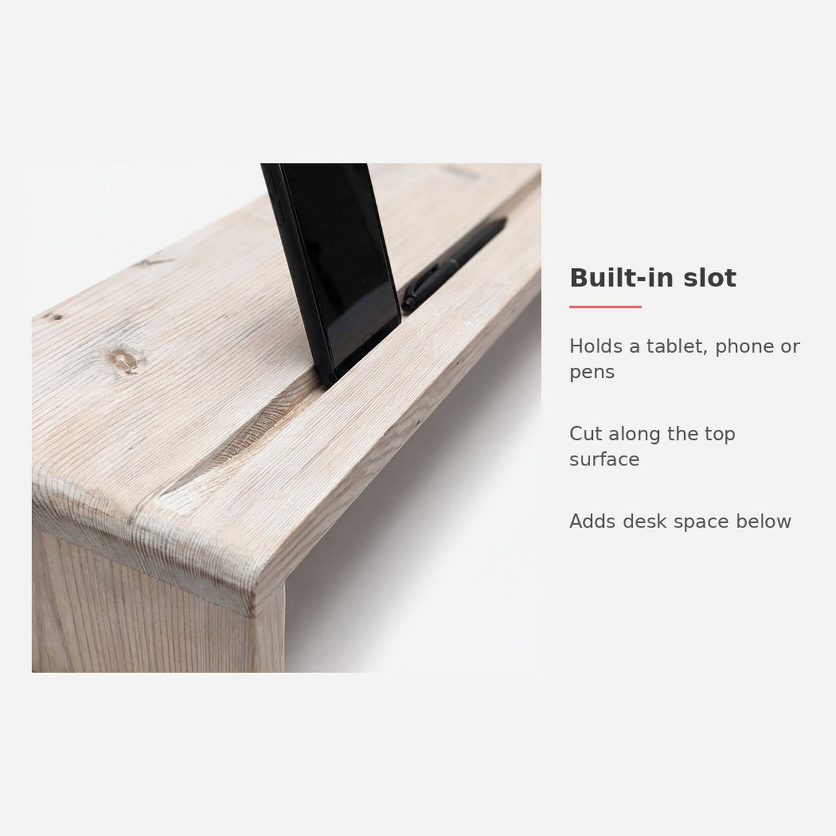 Spec card: built-in slot for a tablet, phone or pens (feature callout)