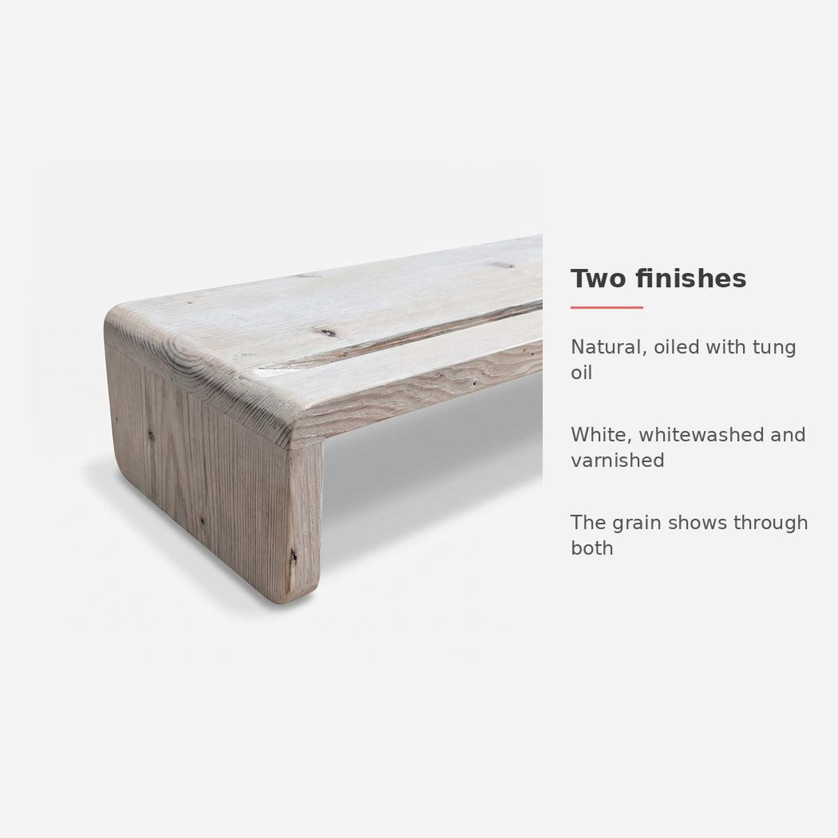 Spec card: natural tung oil and white whitewash finishes (feature callout)