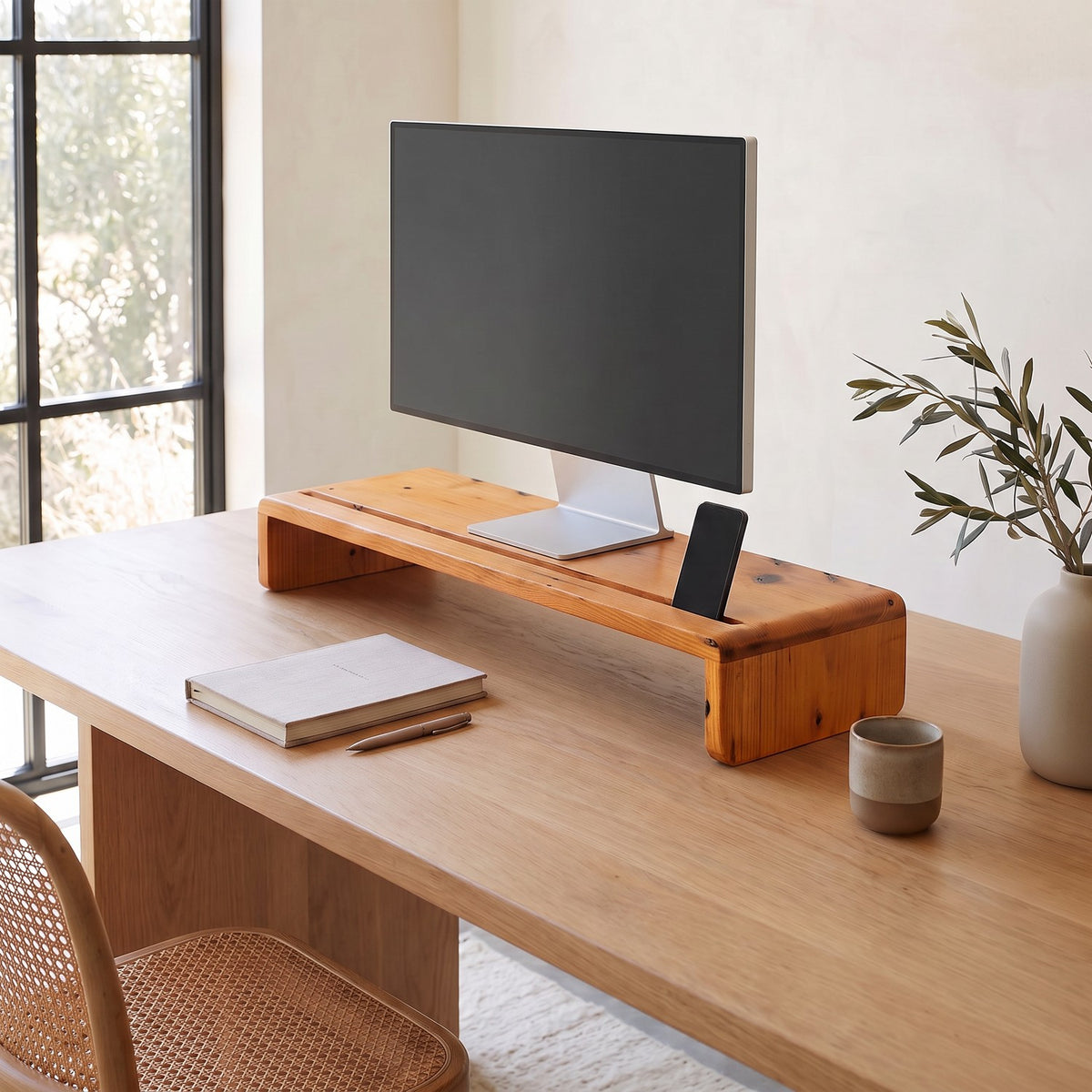 Close view of the raised shelf with a phone standing in its slot beside a monitor on a white-oak desk
