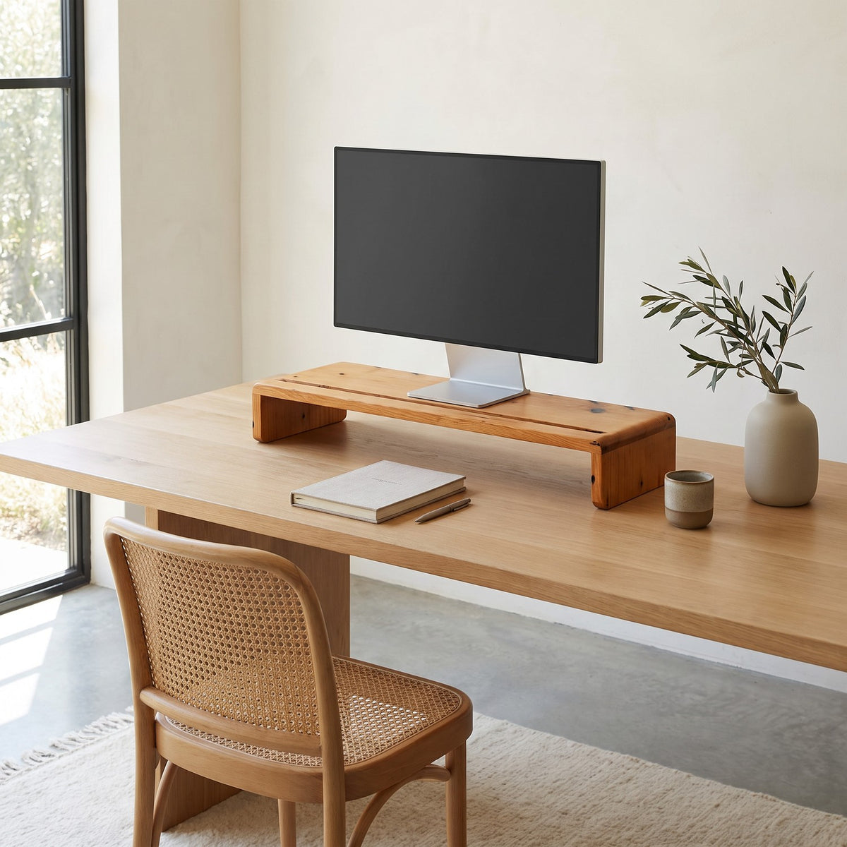 Natural wooden riser lifting a slim monitor on a white-oak desk in a bright loft studio