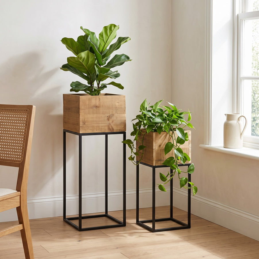 Wood Planters with Iron Stands, Set of 2, Reclaimed Wood