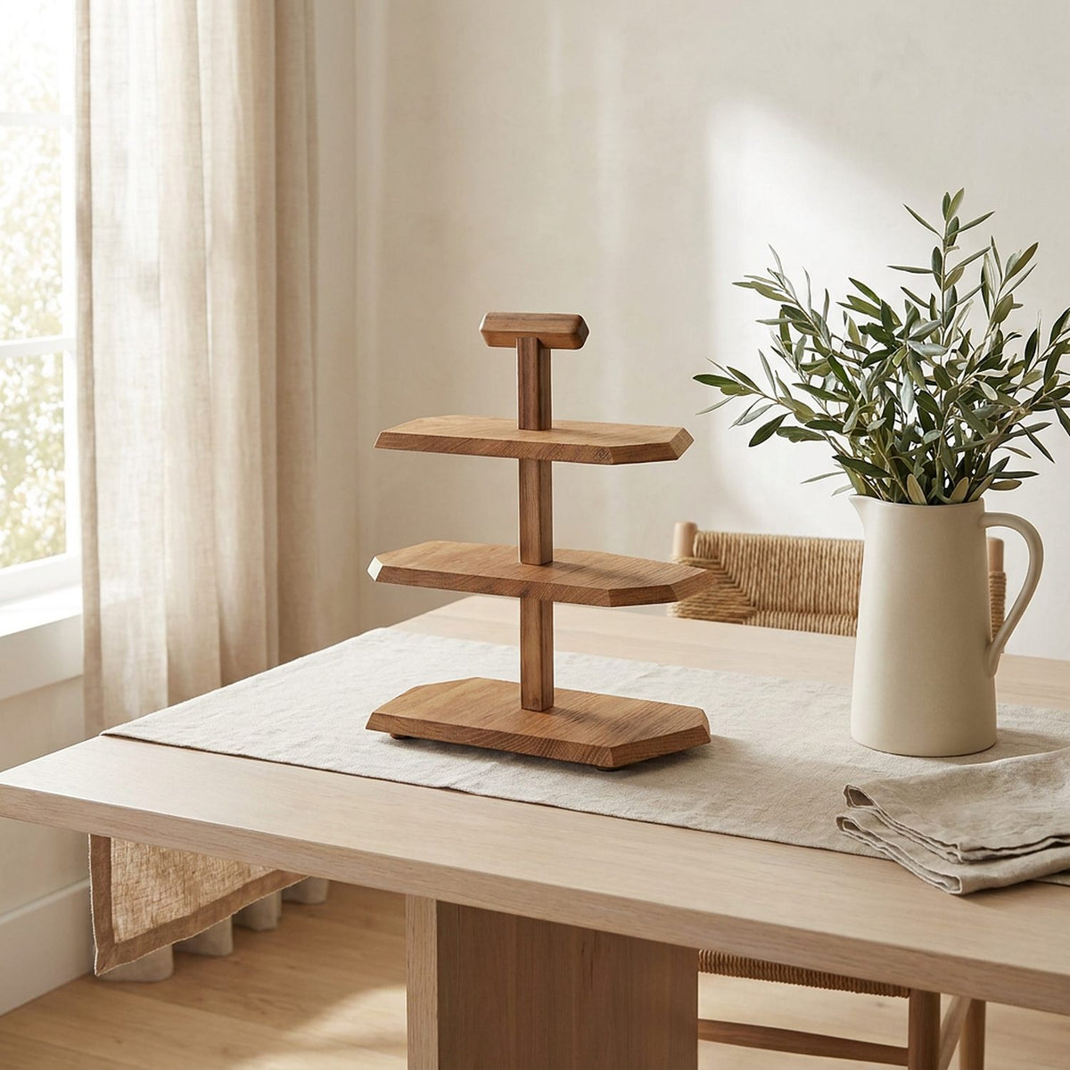 Empty three-tier fir stand on a linen runner in a bright dining room