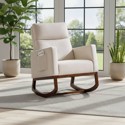 Modern cream fabric Adirondack rocking chair on a solid wooden base; a cozy, high-back lounge chair with integrated side pocket storage.
