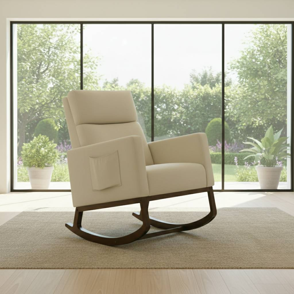 Cream fabric Adirondack rocking chair on a natural wooden base, illuminated by sunlight from a window, highlighting the plush texture.