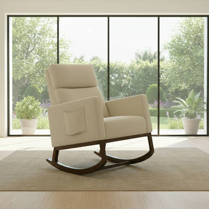 Cream fabric Adirondack rocking chair on a natural wooden base, illuminated by sunlight from a window, highlighting the plush texture.