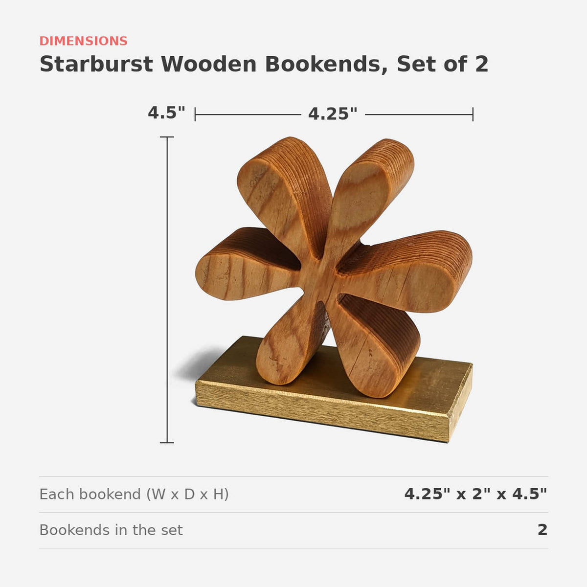 Dimensions of the wooden starburst bookends, 4.25 by 4.5 inches