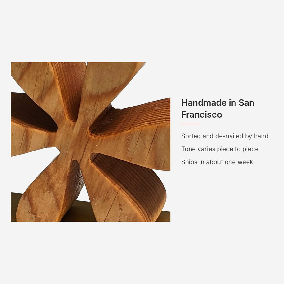 Handmade starburst bookends from sorted reclaimed wood