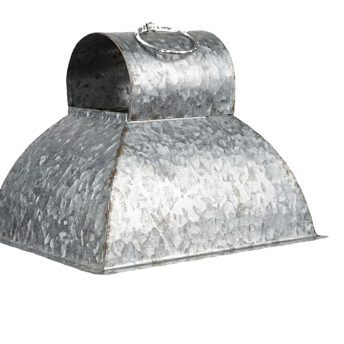 Domed galvanized metal top with its spangle finish and loop handle (close-up detail, transparent)