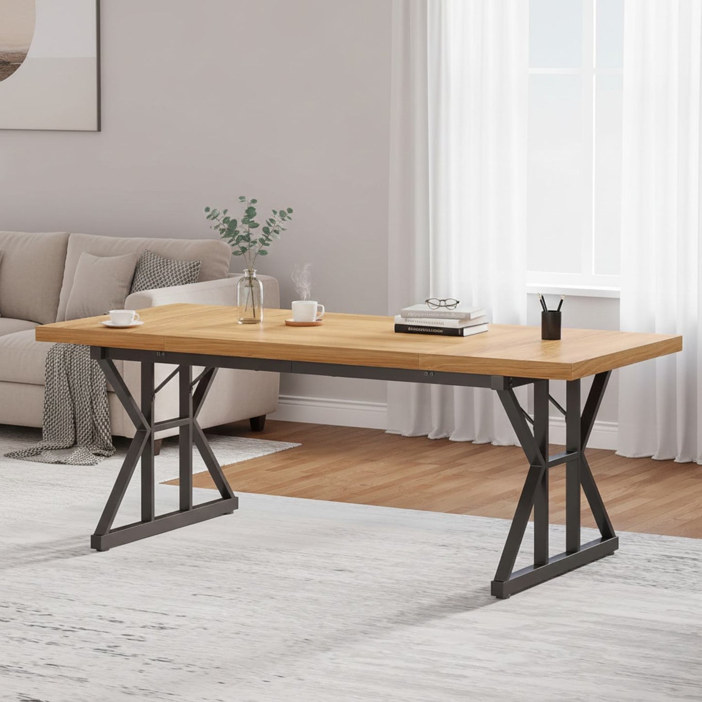 70.8-inch wooden executive desk with metal trestle legs in a bright living room, spacious home office workspace.