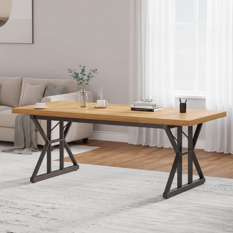 70.8-inch wooden executive desk with metal trestle legs in a bright living room, spacious home office workspace.