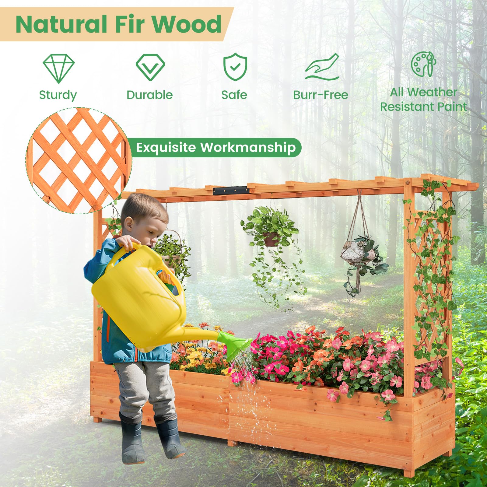 wooden garden bed with natural fir wood features highlighted.