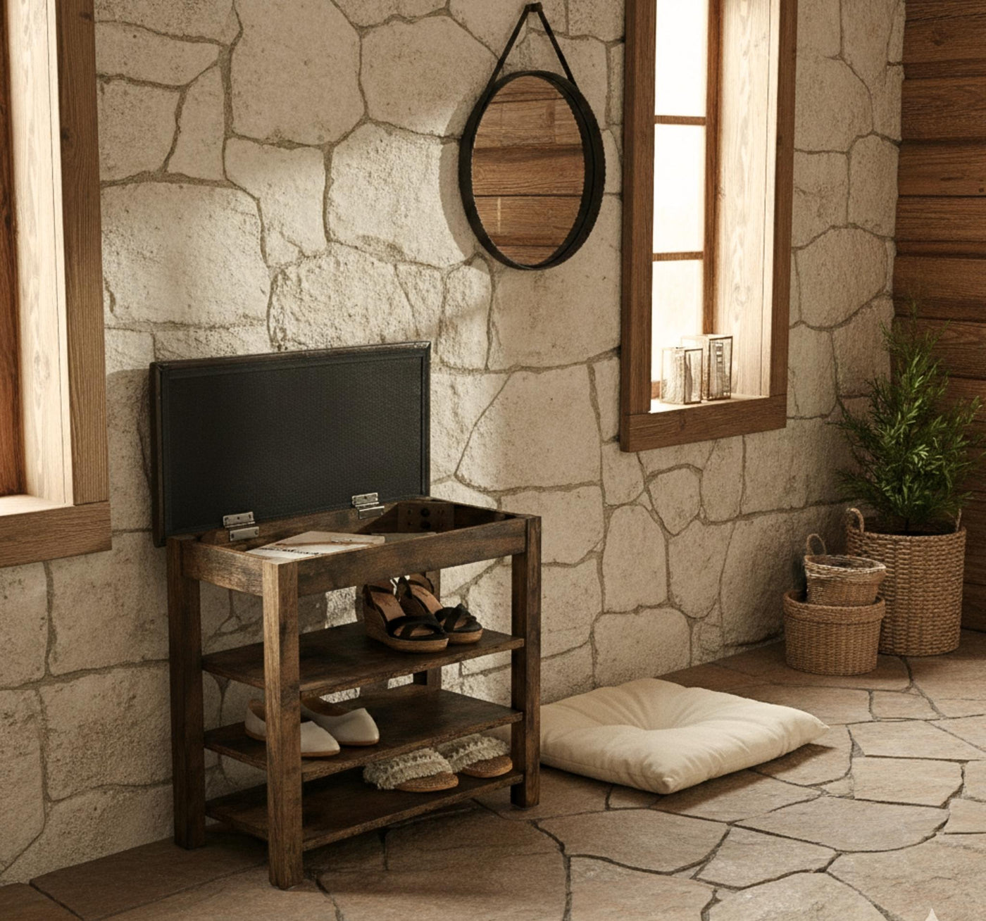 Nook with stone wall, wooden shelf, and window light