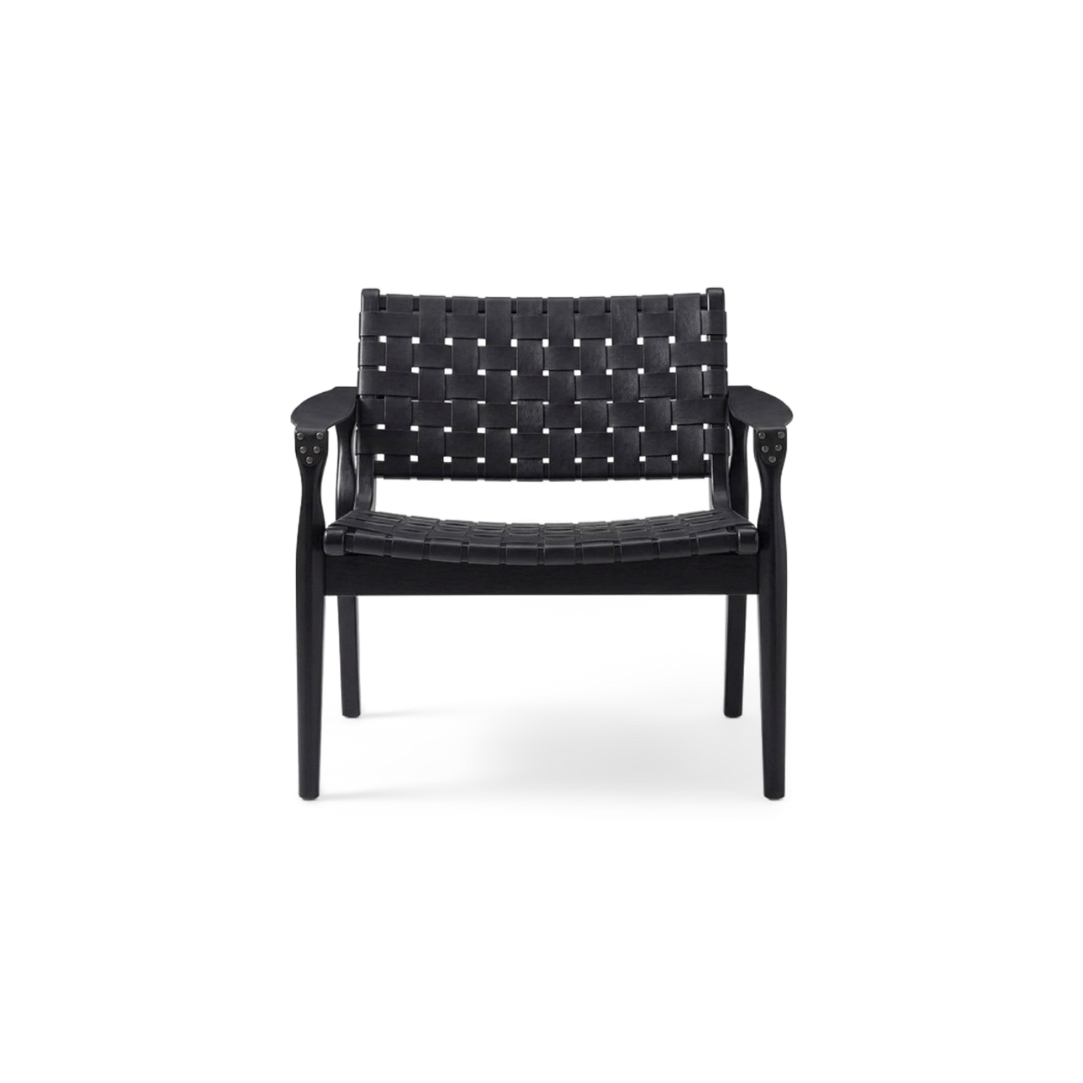Woven faux leather chair with a black hardwood frame, front view (plain studio)