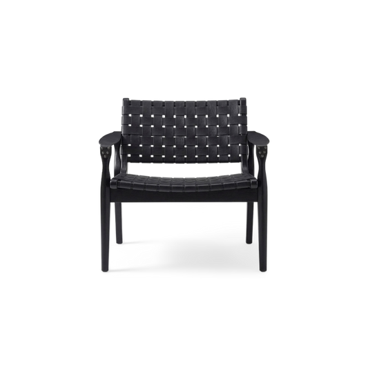 Woven faux leather chair with a black hardwood frame, front view (plain studio)