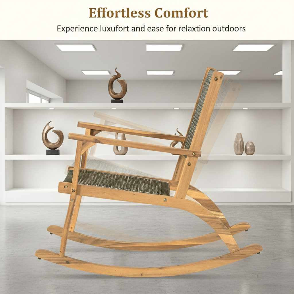 Set of 2 acacia wood rockers with durable woven rope backs, styled on a neutral rug in a bright, modern interior space.