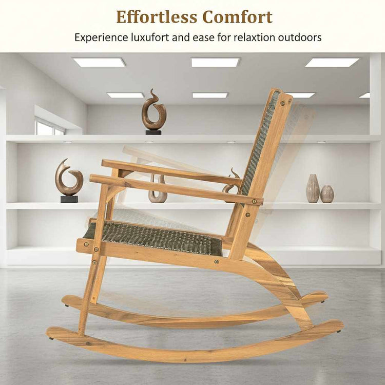 Set of 2 acacia wood rockers with durable woven rope backs, styled on a neutral rug in a bright, modern interior space.