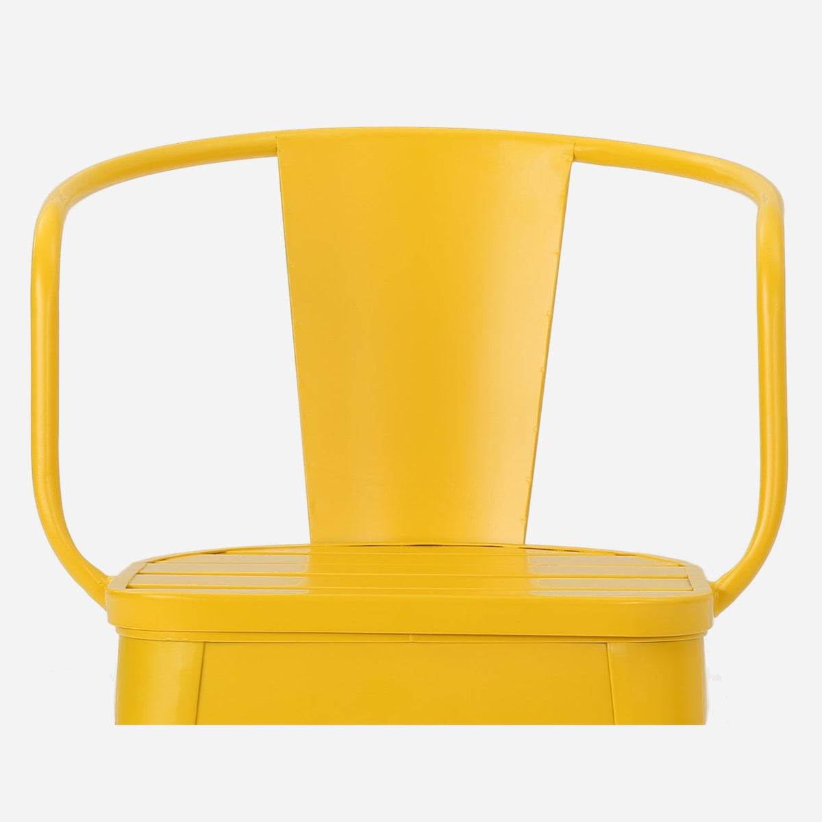 Tapered flat chair back inside the round tube arm hoop on a yellow metal chair (close-up detail)