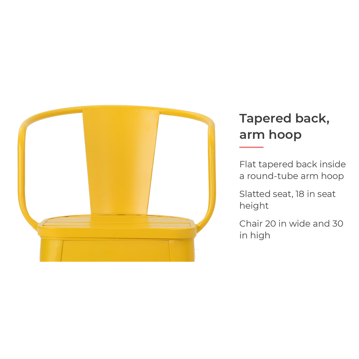 Chair back and arm hoop feature card for the yellow metal bistro chair (feature callout)
